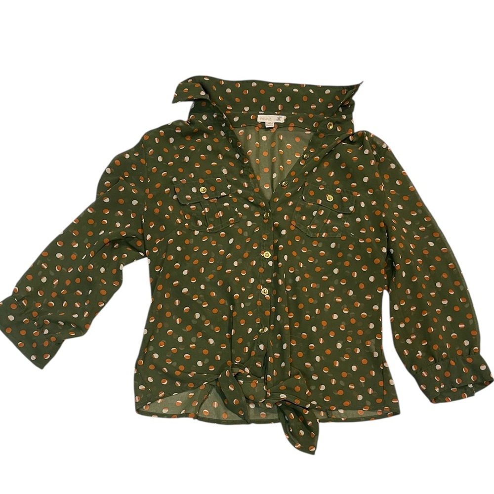 Mine Green Polka Dot Button Up Front Tie Blouse